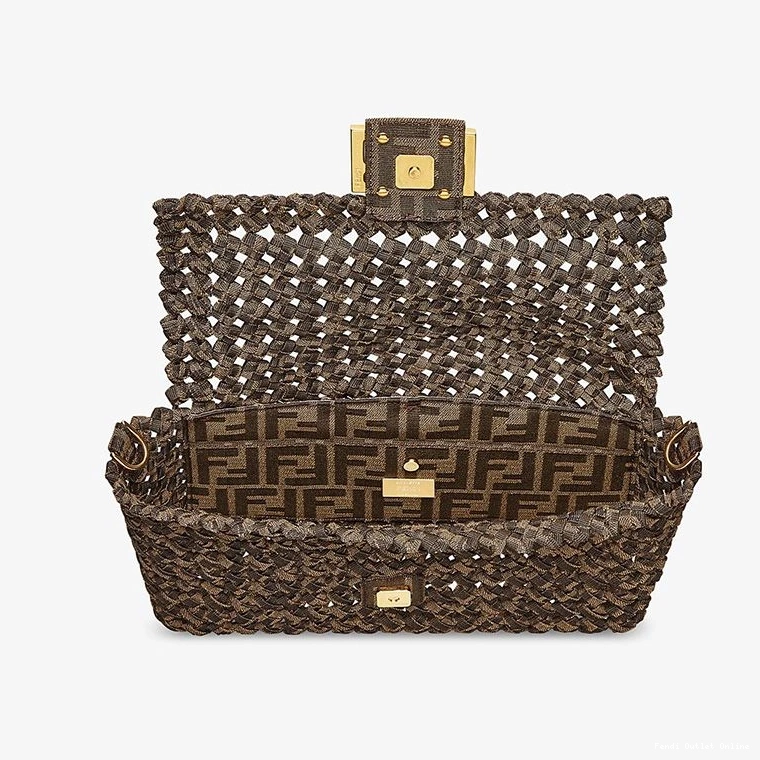 Cheap In Medium Fendi Fabric Bag Interlace Coffee Baguette 0728